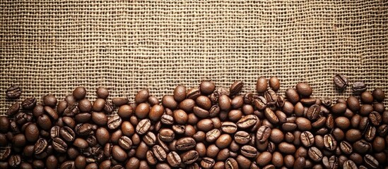 Freshly roasted coffee beans scattered on burlap fabric with ample negative space for text or branding purposes.