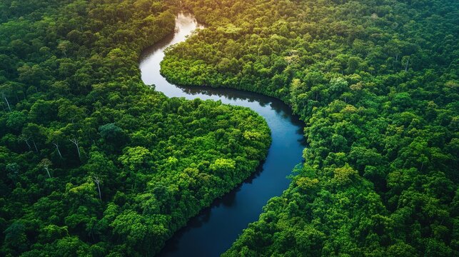 Aerial view of lush tropical rainforest featuring a winding river with bright greenery and ample empty space for creative text placement - Powered by Adobe