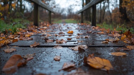 Obraz premium Fallen autumn leaves on a flooded pathway after rain creating a serene natural scene in a tranquil forest setting.