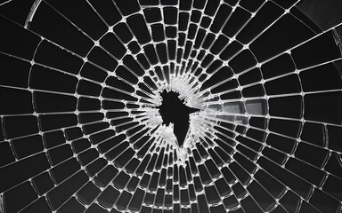 Obraz premium Black-and-white photograph of a shattered window, featuring a central void with spiderweb-like cracks extending outward. Jagged glass shards and intricate patterns evoke depth