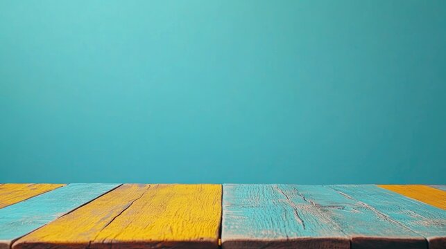Colorful wooden table surface with empty copy space for creative layout against a blue backdrop for vintage style or humorous content design.