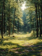 Obraz premium Sunlit forest path, morning mist, tranquil nature scene