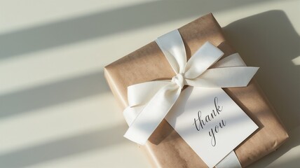 Beautifully wrapped gift box with a "thank you" tag and ribbon in soft lighting