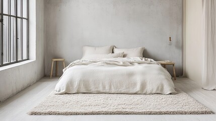 A minimalist Scandinavian-inspired bedroom design with snowy white concrete walls