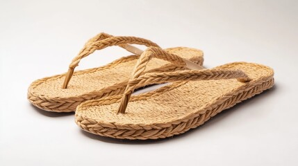 Obraz premium Braided straw flip flop sandals on white background showcasing minimalist design and summer style for fashion and lifestyle concepts
