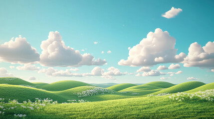 Obraz premium serene landscape featuring lush green hills under bright blue sky with fluffy white clouds. scene evokes sense of tranquility and natural beauty
