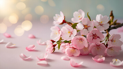 Naklejka premium Delicate pink cherry blossoms gracefully arranged on a soft pastel background, petals scattered gently