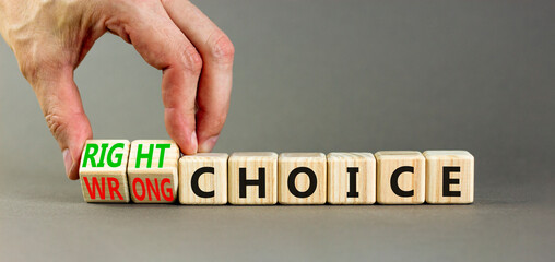 Right or wrong choice symbol. Concept words Right choice or Wrong choice on beautiful wooden...
