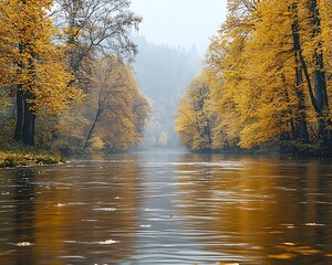 Obraz premium Tranquil Autumn River Flowing Through a Golden Valley Landscape