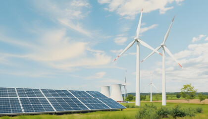 Collage of green energy concept with solar cell panels, nuclear power station and windmill. Renewable energy to stop climate changes, biodiversity and sustainability, collage style, with white tones