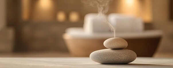 Fototapeta premium Valentine spa concept. A serene stack of smooth stones with gentle smoke in a calming environment.