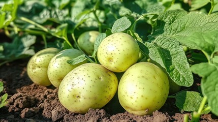 Fototapeta premium Green potatoes ripening in a farm garden showcasing rural agricultural business and sustainable farming practices.