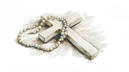 Watercolor painting of a white cross with a pearl necklace resting on it.