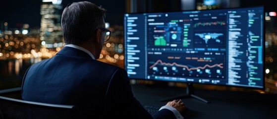 A business professional monitors financial data on a sleek screen, analyzing trends against a city skyline at night.