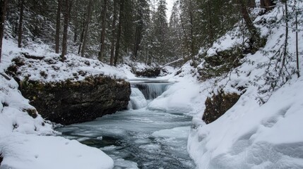 Winter hike on Donut Falls trail showcasing a frozen river surrounded by snowy pine trees and icy landscapes in a serene natural setting