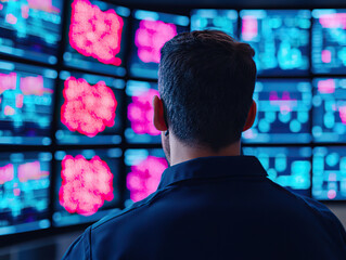 data scientist analyzing complex datasets on multiple screens in high tech environment