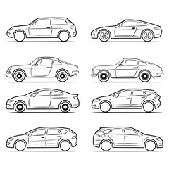 vector image showcases a collection of hand-drawn car silhouettes. Created with simple black lines on a white background, the cars are drawn in a hand-drawn style, giving them a sketched or illustrate