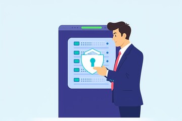 Data Security Guard: A businessman stands confidently in front of a server, holding a shield with a padlock icon, symbolizing the importance of protecting sensitive data in the digital age.