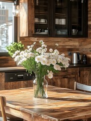 A serene kitchen interior featuring a vase of white flowers on a rustic wooden table, with warm sunlight