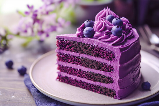 Purple velvet cake with blueberry garnish
