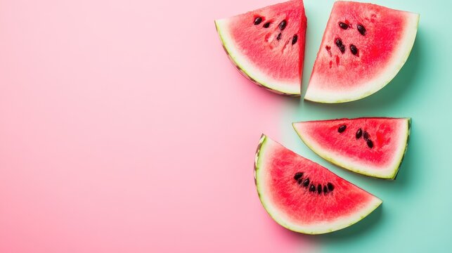 Colorful watermelon slices on pastel pink and turquoise background showcasing summer vibes and minimalist design aesthetics.