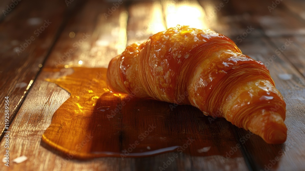Aufkleber croissant with maple syrup glaze on rustic wooden surface with soft lighting
