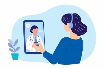 Telemedicine Consultation: A woman with headphones participates in a virtual doctor's appointment.