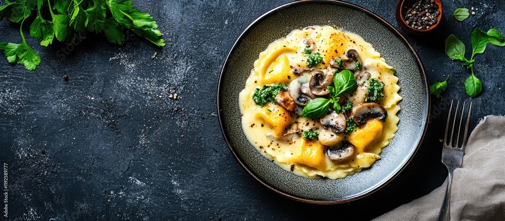 Poster stuffed ravioli with mushrooms and potato in creamy sauce on a decorative plate with herbs and empty