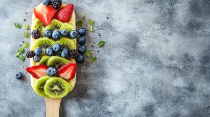 Trendy vegan dessert with fresh berries and kiwi on a wooden spatula against a textured grey background