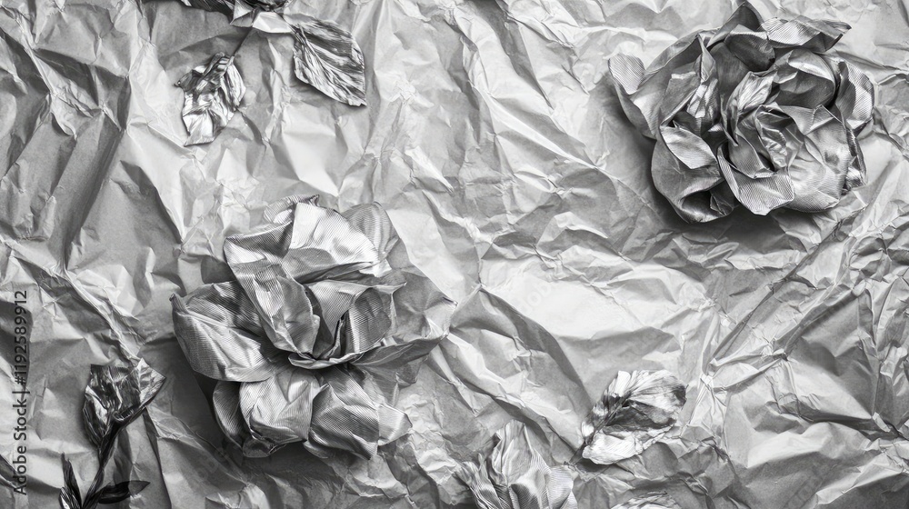Aufkleber textured crumpled aluminum foil backdrop with artistic floral shapes showcasing contrast and depth f