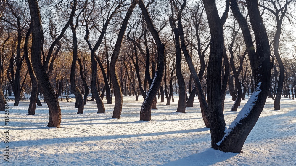 Aufkleber crooked bare branches of winter trees casting shadows on a snowy landscape in a tranquil park settin