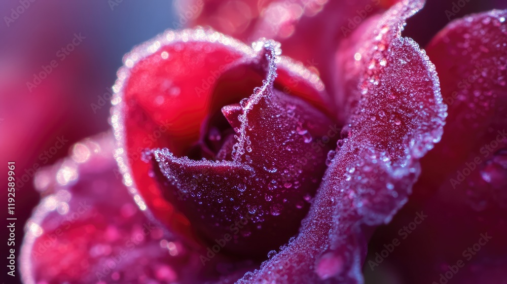 Poster closeup macro of vibrant red dog rose with frost and dew droplets highlighting its delicate petals a