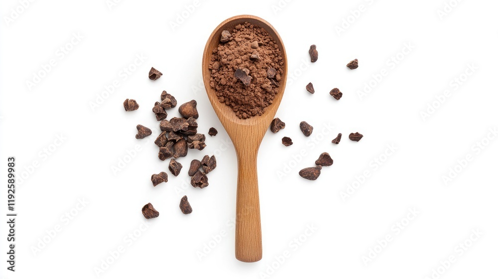 Poster cocoa powder in wooden spoon with cocoa nibs on white background top view flat lay culinary theme na