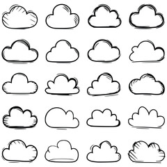 collection of hand-drawn cloud outlines. Created with simple black lines on a clean white background, the clouds display a variety of shapes and styles. The collection includes puffy cumulus
