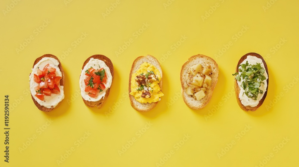 Poster crostini with assorted fresh toppings displayed against a vibrant yellow background for an appetizin