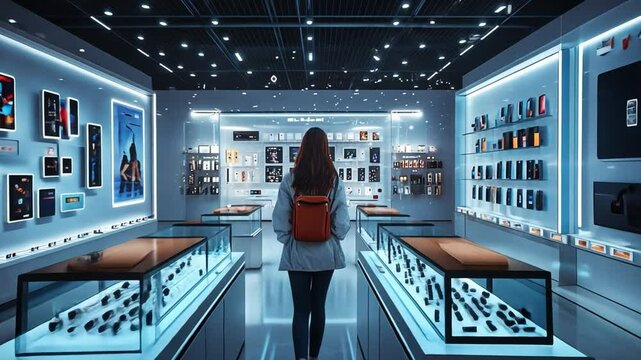 Retail Exploration: A young woman with a backpack stands in a modern, brightly lit retail store, exploring a diverse range of consumer electronics displayed on sleek shelves.
