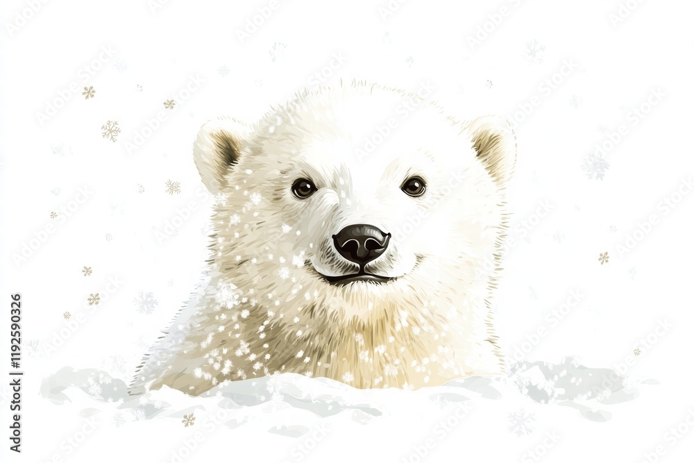 Aufkleber Cute illustrated polar bear enjoying snowfall in a winter wonderland setting with snowflakes gently falling around. Generative AI