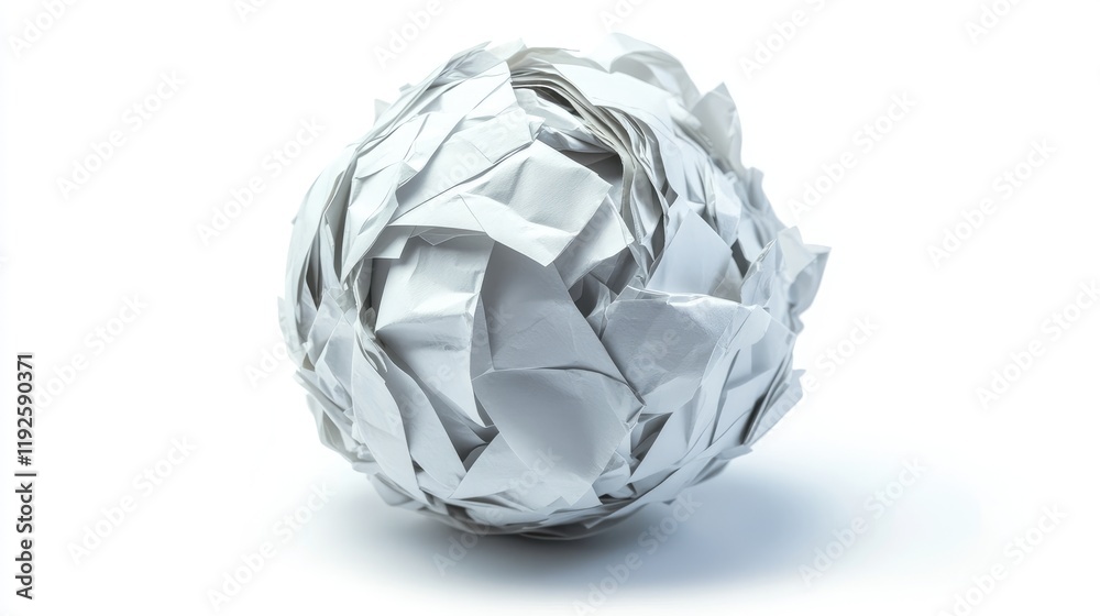 Poster crumpled white paper ball isolated against clean background for creative design or recycling concept