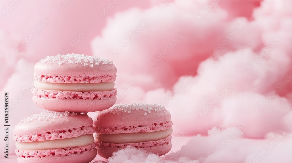 Poster pink macarons adorned with sugar sprinkles against a soft pastel cloud background creating a sweet a