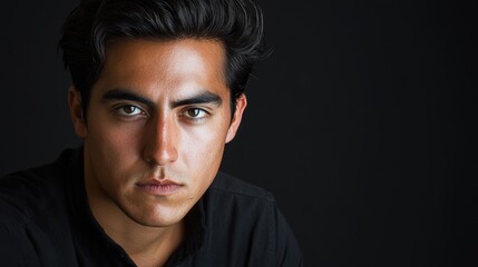 Obraz premium Fashion Studio Portrait of Man Exhibiting Intense Expression Against a Dark Background with Dramatic Lighting and Focused Mood