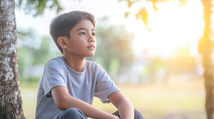 10 year old boy sitting alone in park, looking thoughtfully at horizon, surrounded by nature and soft sunlight. His expression reflects contemplation and serenity