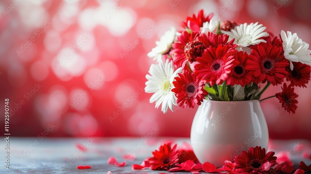 Poster vibrant bouquet of red and white flowers in a vase with a soft blurred red background creating an el