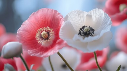 Closeup of delicate white pink and red poppy flowers blooming in a vibrant outdoor garden setting