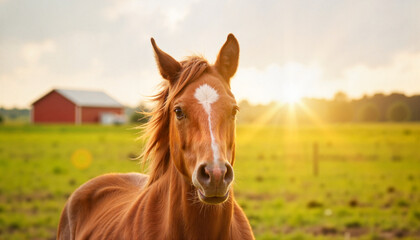 Obraz premium Majestic horse standing in sunlit pasture with barn, climate awareness