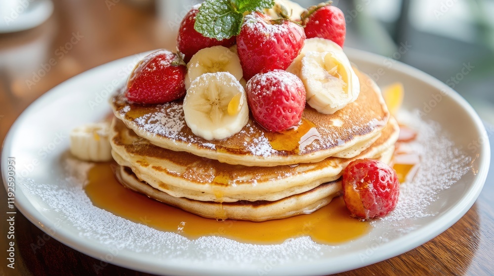 Poster Artfully Stacked Pancakes Topped with Fresh Strawberries and Bananas Drizzled with Syrup and Dusting of Powdered Sugar