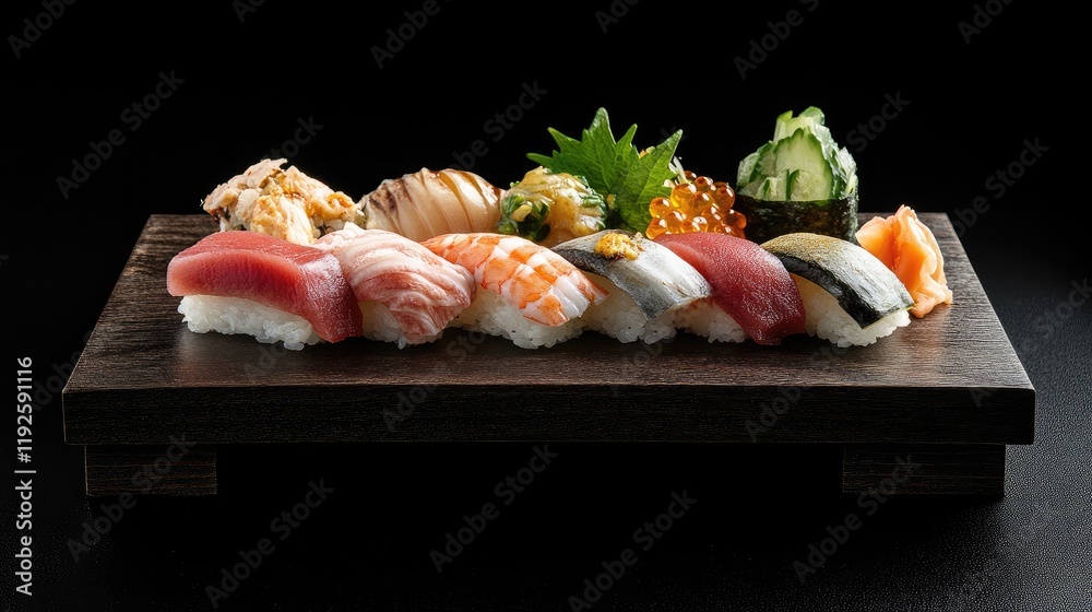 Poster artfully arranged sushi and sashimi platter showcasing a variety of flavors and textures perfect for