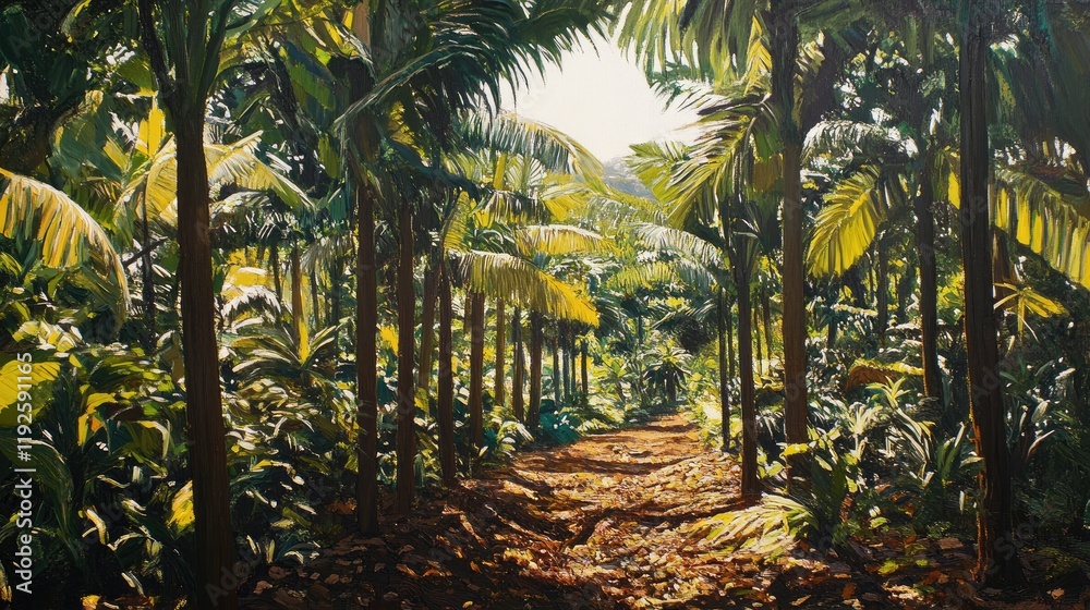 Poster lush cocoa tree grove with sunlight filtering through green foliage in a tropical landscape