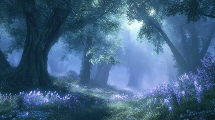 Fototapeta premium Mysterious Forest Glade with Ethereal Mist and Blooming Wildflowers Under a Canopy of Ancient Trees