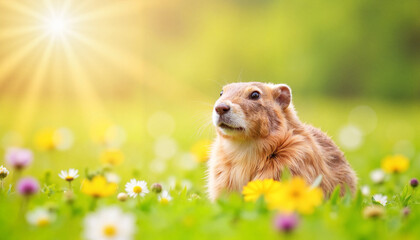 Fototapeta premium Curious marmot observing wildflowers in sunny meadow, climate awareness