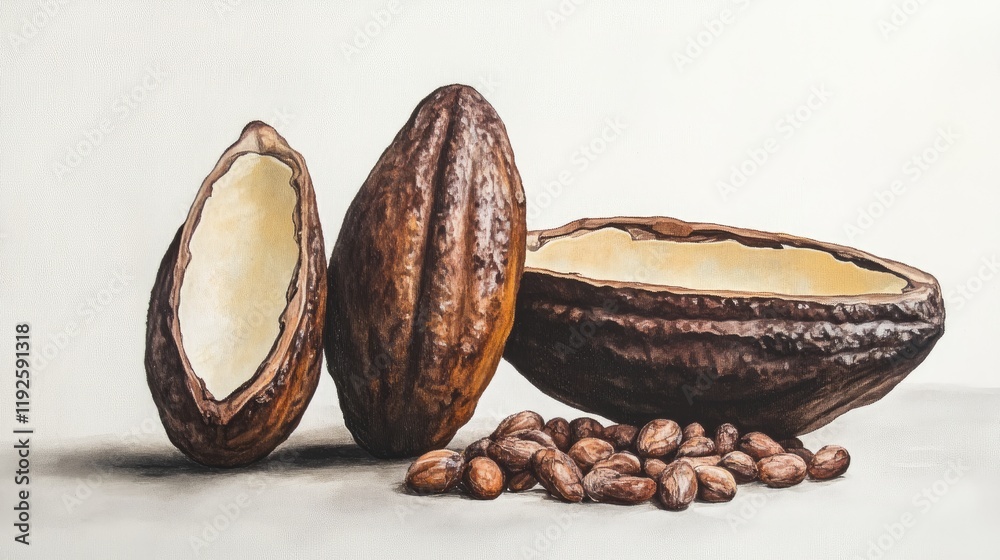 Poster Cocoa pods and dried cocoa beans artfully arranged showcasing the rich texture and color of natural cocoa products